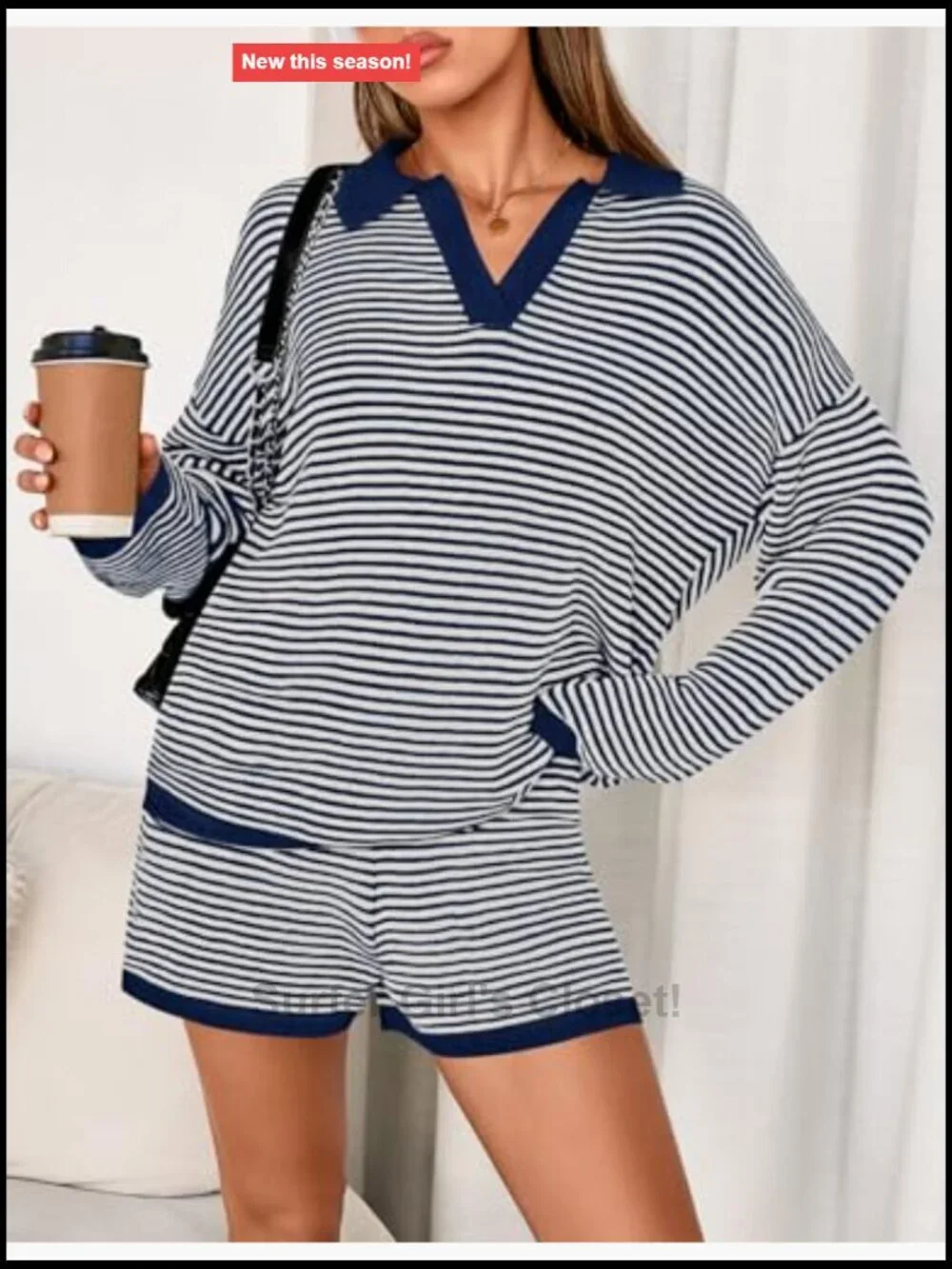 Striped Long Sleeve Lounge Set with Drawstring Shorts 2 Piece Outfit